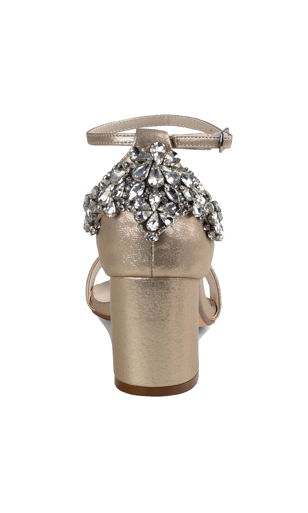 The Olivia Champagne Shimmer Prom Shoes by Touch Ups 4637 feature metallic champagne shimmer, an ankle strap, block heels, and bold clear rhinestones on the back for a glamorous, jeweled touch to any look.